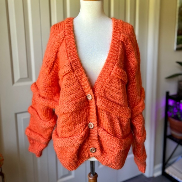 Vintage Sweaters - ☾ Vintage orange wool chunky knit heavyweight cardigan